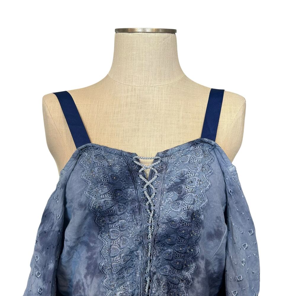 Vintage Boho Blue Lace Up Cropped Top Flared Sleeves One Size - Picture 5 of 13